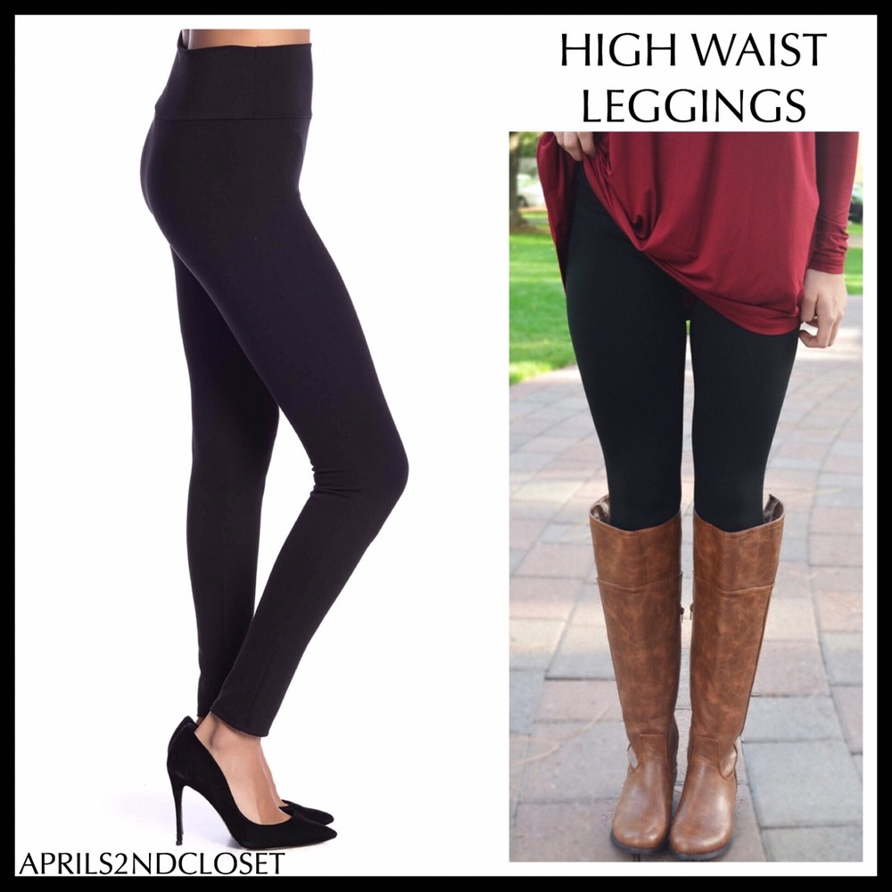 BLACK HIGH WAIST LEGGINGS OPAQUE KNIT PANTS A3C - Picture 2 of 7